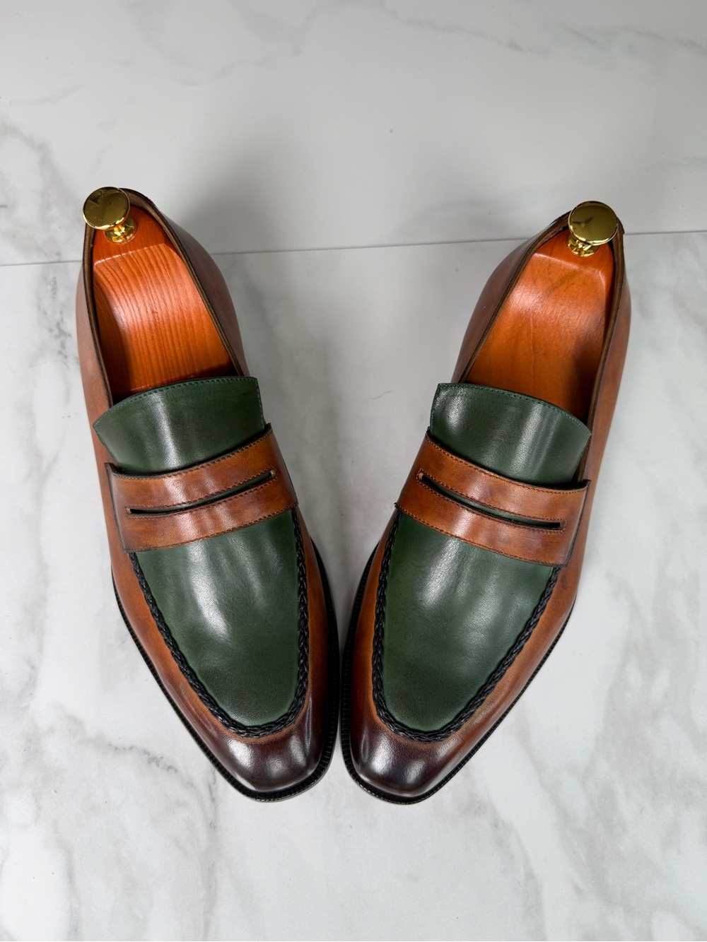 Men's Green and Brown Leather Penny Loafers